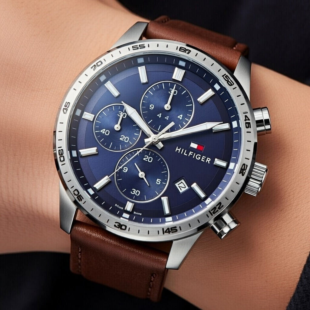 Tommy Hilfiger Trent 1791807 Silver Case Blue Dial Brown Leather Men's Watch