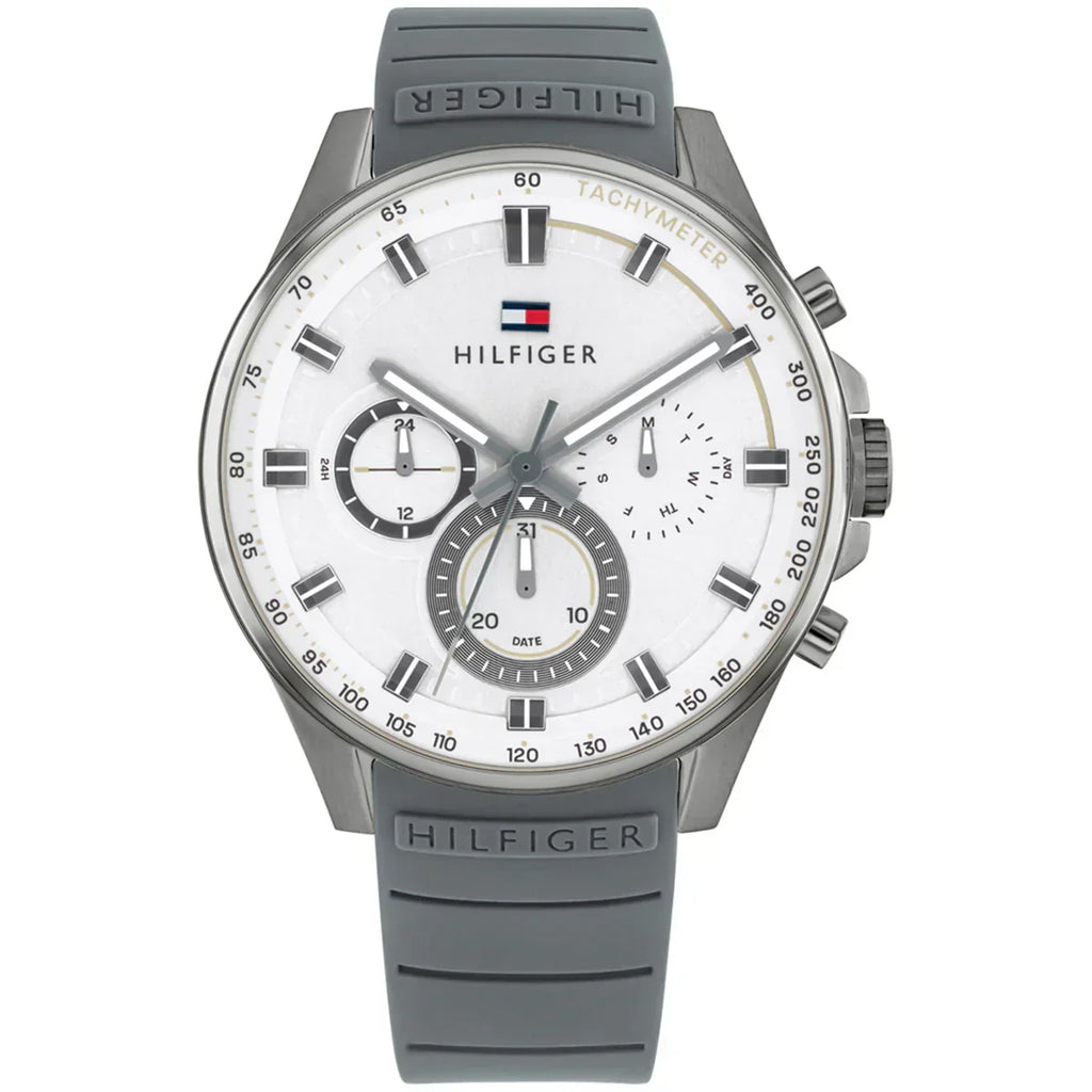 Tommy Hilfiger Max 1791972 Men's Gunmetal Case White Dial Grey Rubber Watch