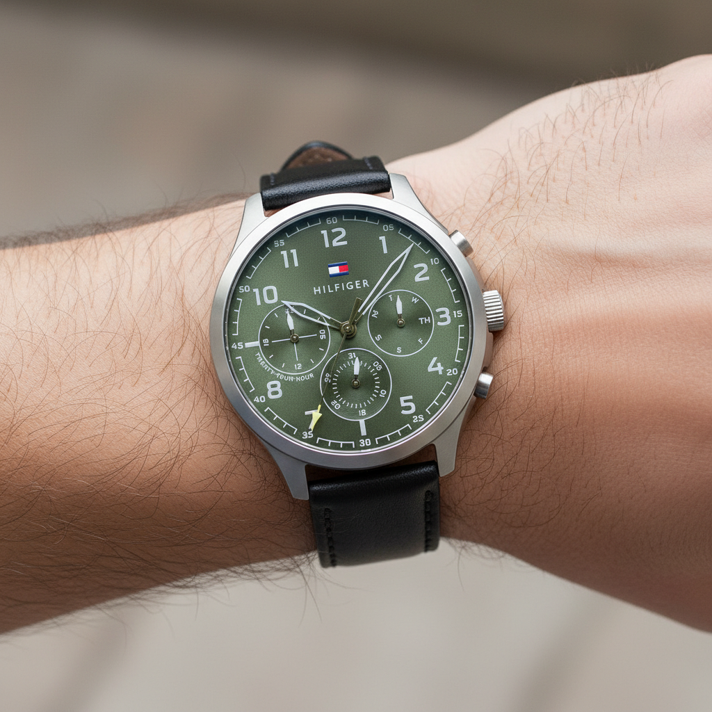 Original Tommy Hilfiger Men's Watch - Olive Green Dial & Black Leather (1791856)