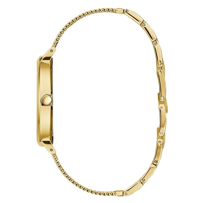 ساعة يد حريمي من Guess طراز U1155L3 بهيكل ذهبي ومينا ذهبي وسوار شبكي مخطط باللونين الذهبي والفضي