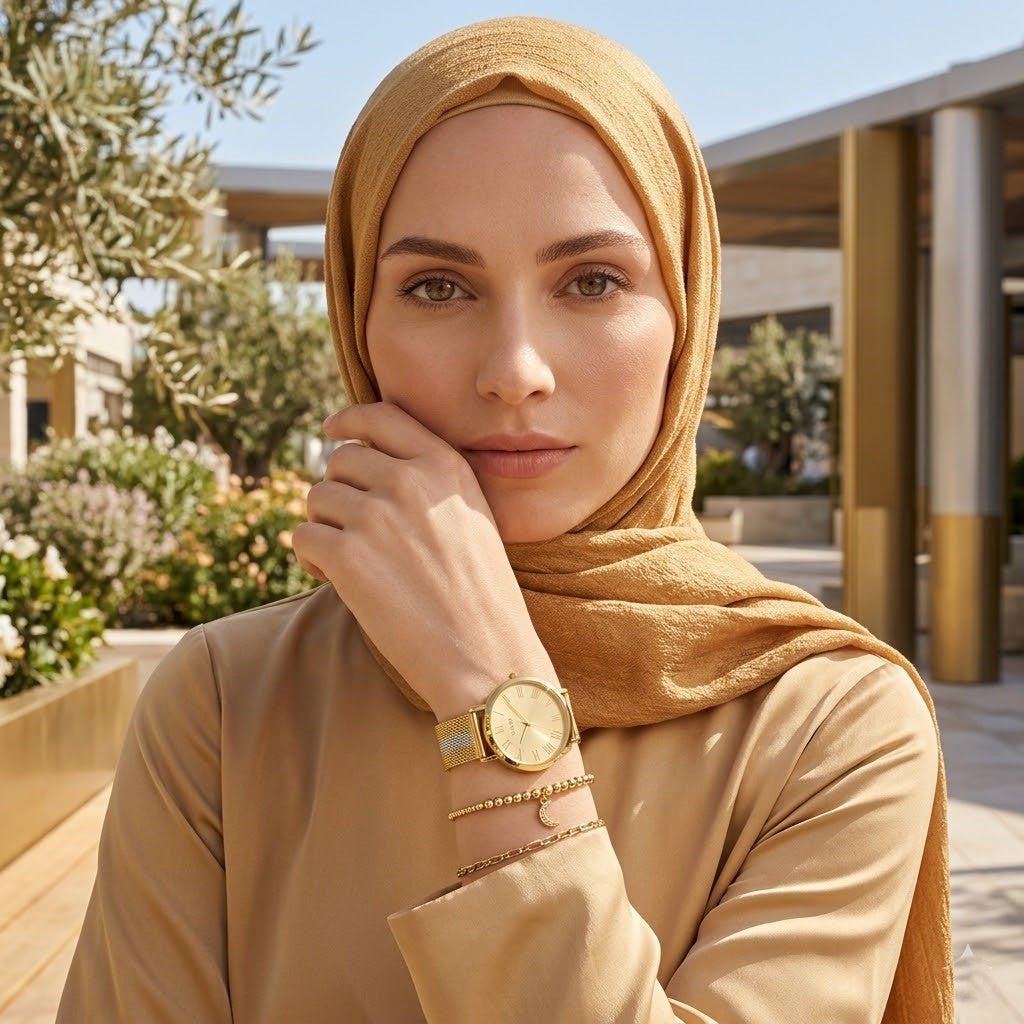 ساعة يد حريمي من Guess طراز U1155L3 بهيكل ذهبي ومينا ذهبي وسوار شبكي مخطط باللونين الذهبي والفضي