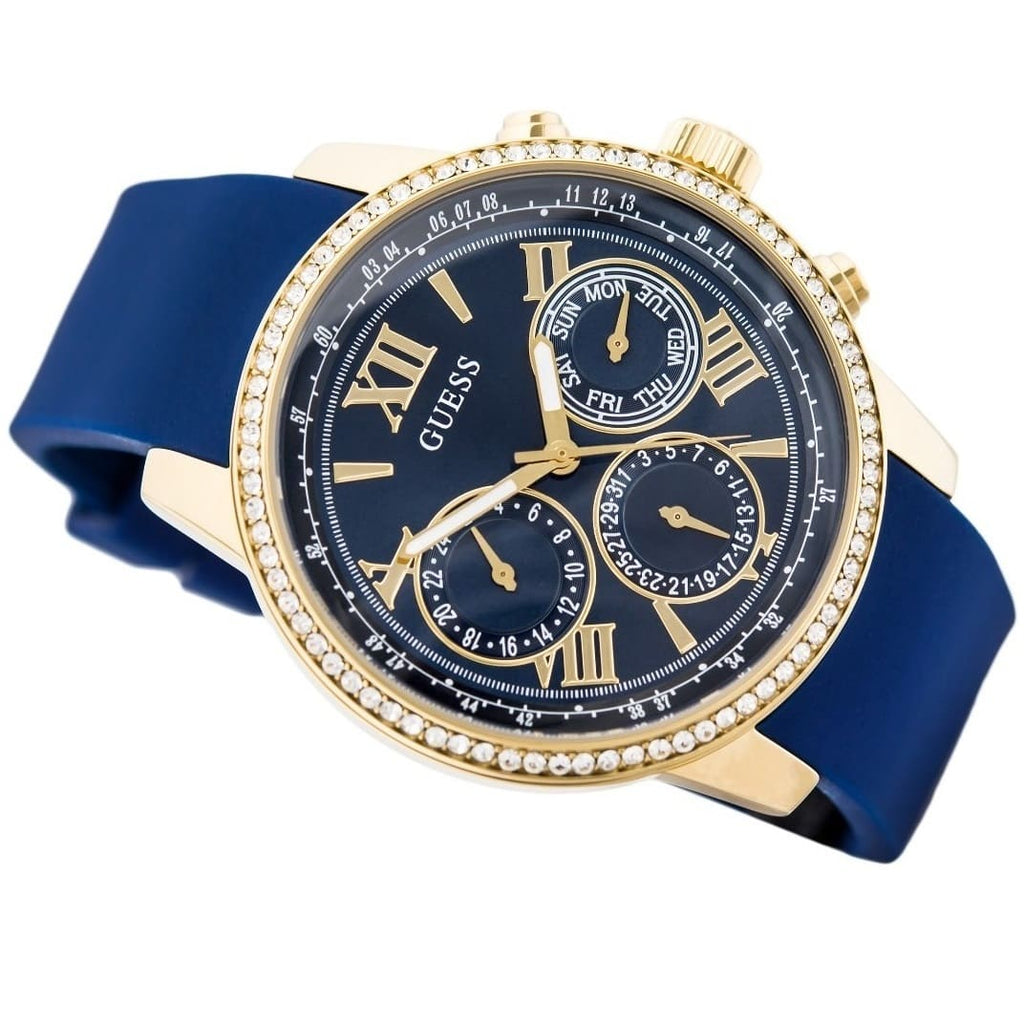 Guess Sunrise Multi-Function W0616L2 Gold Case Blue Dial Blue Rubber Women Watch