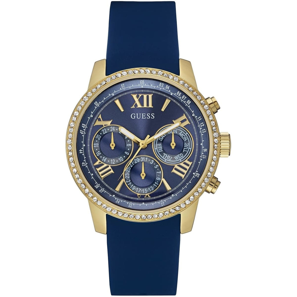 Guess Sunrise Multi-Function W0616L2 Gold Case Blue Dial Blue Rubber Women Watch