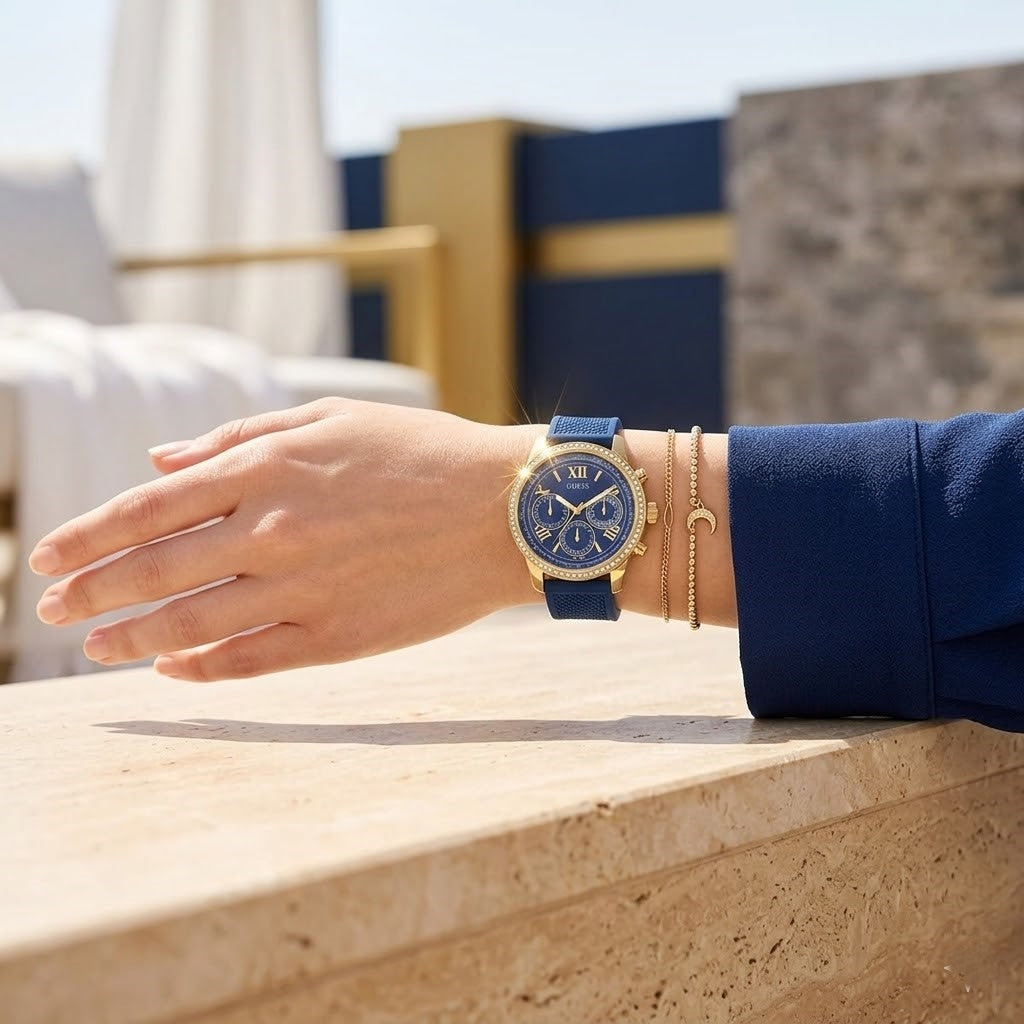 Guess Sunrise Multi-Function W0616L2 Gold Case Blue Dial Blue Rubber Women Watch
