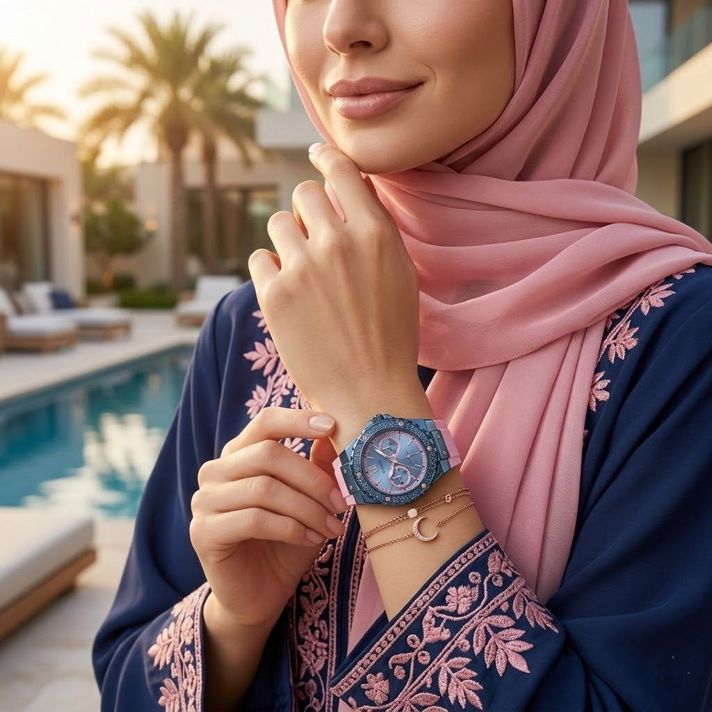 ساعة Guess Limelight W0775L5 متعددة الوظائف بمينا أزرق وسوار مطاطي وردي للنساء