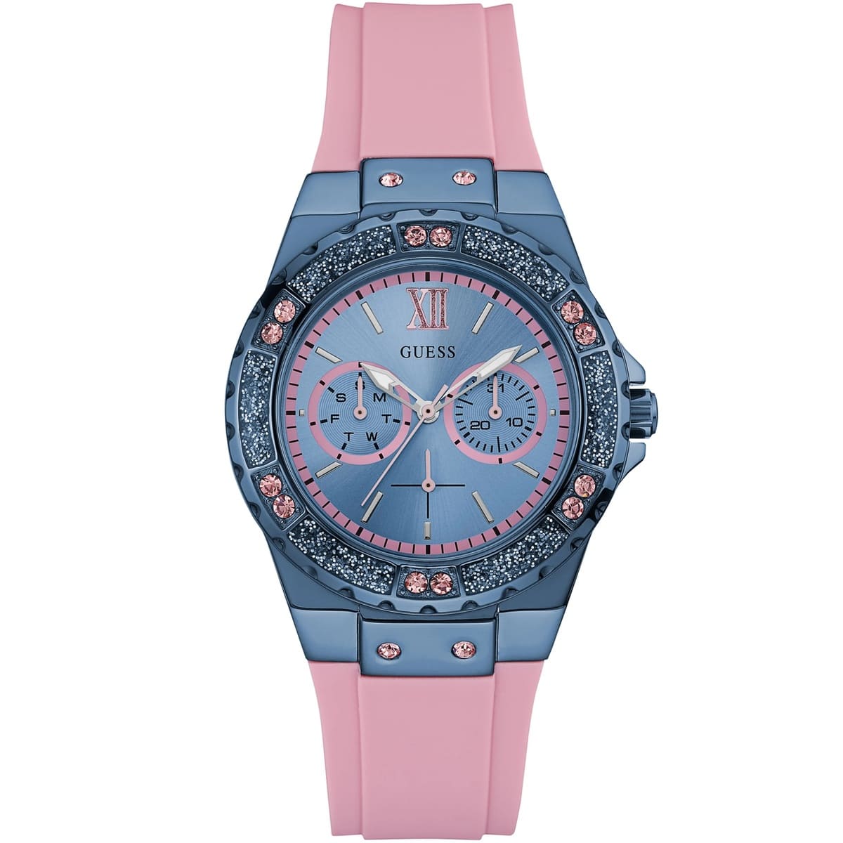 ساعة Guess Limelight W0775L5 متعددة الوظائف بمينا أزرق وسوار مطاطي وردي للنساء
