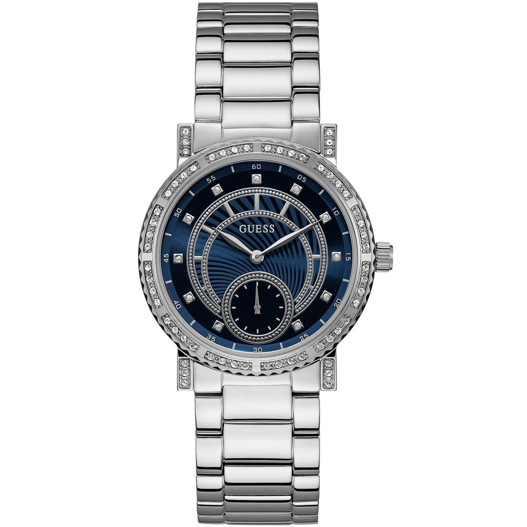 Guess Constellation W1006L1 Silver Case Crystal Bezel Blue Textured Dial Silver Metal Women's Watch