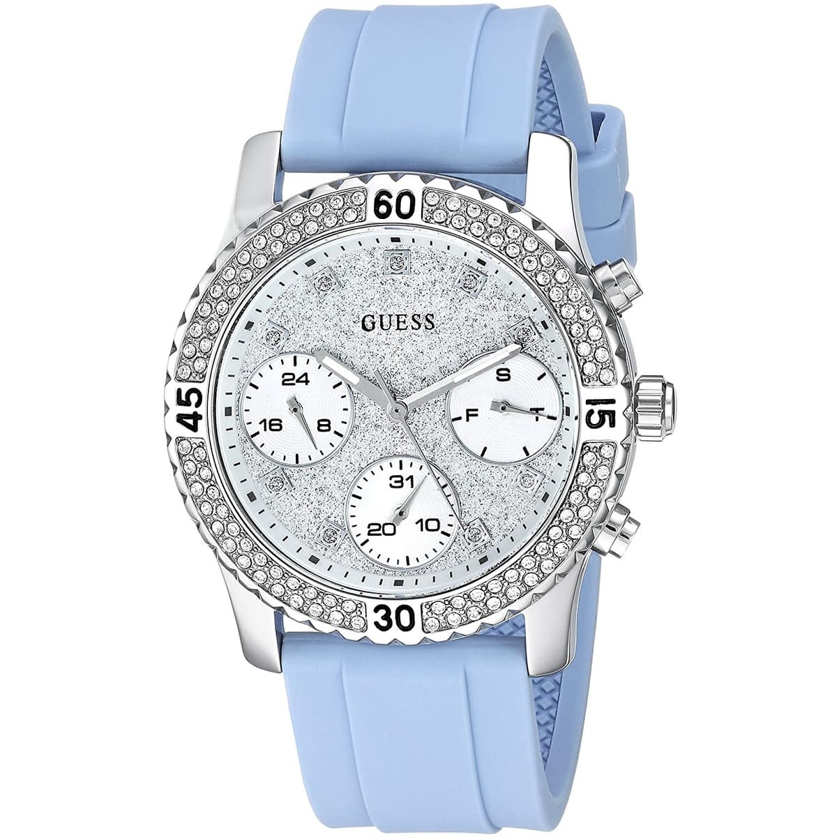 ساعة يد نسائية Guess Confetti متعددة الوظائف W1098L3، إطار فضي، مينا فضي، سوار مطاطي أزرق فاتح