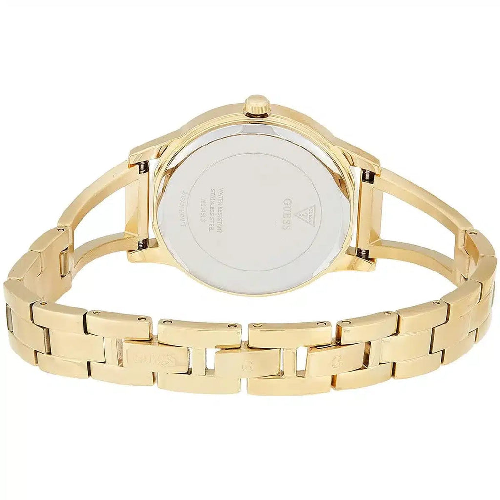 ساعة نسائية Guess W1145L3 بسوار ذهبي وشعار مثلث ذهبي وهيكل ذهبي