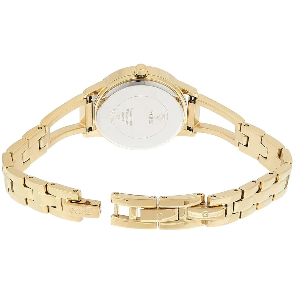 ساعة نسائية Guess W1145L3 بسوار ذهبي وشعار مثلث ذهبي وهيكل ذهبي