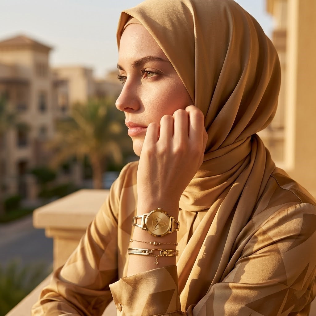 ساعة نسائية Guess W1145L3 بسوار ذهبي وشعار مثلث ذهبي وهيكل ذهبي