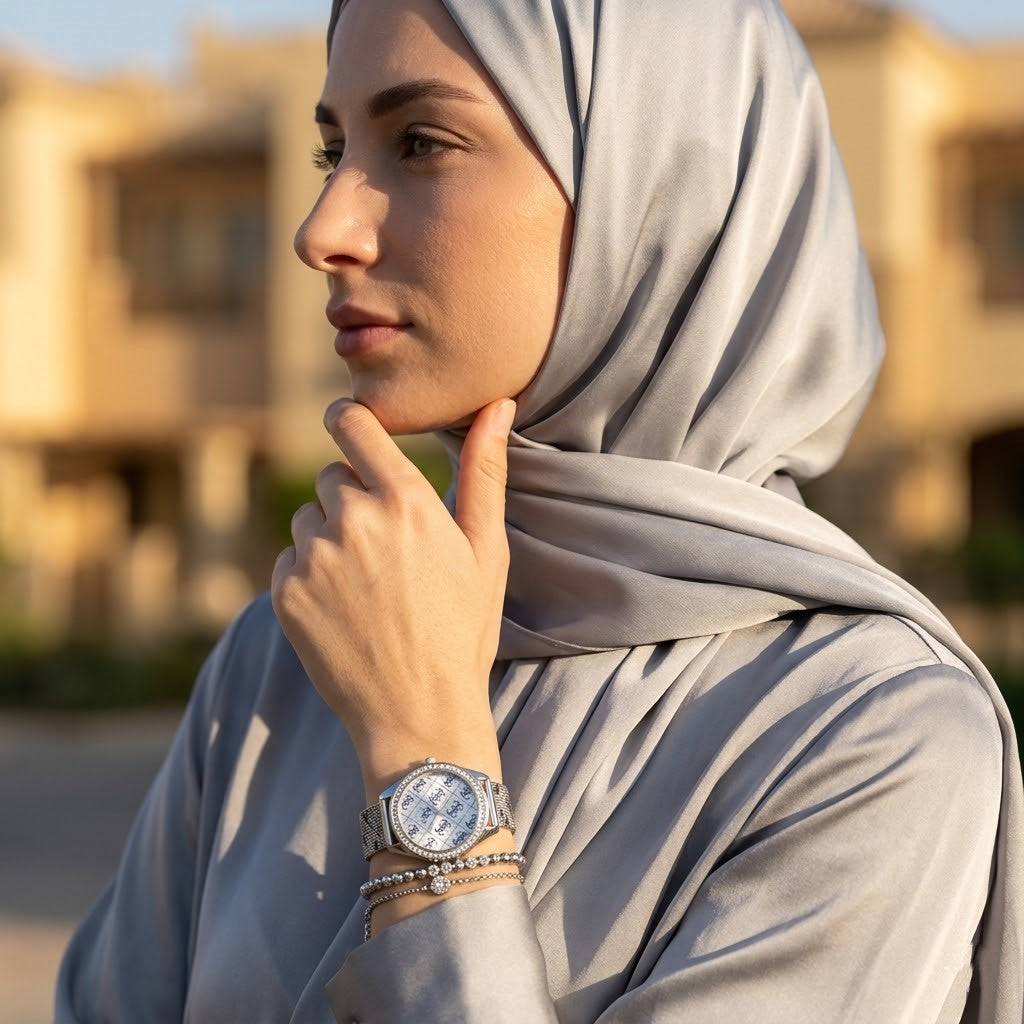 ساعة غيس كلاوديا W1279L1 فضية مع إطار كريستالي وشعار 4G بسوار شبكي فضي للنساء